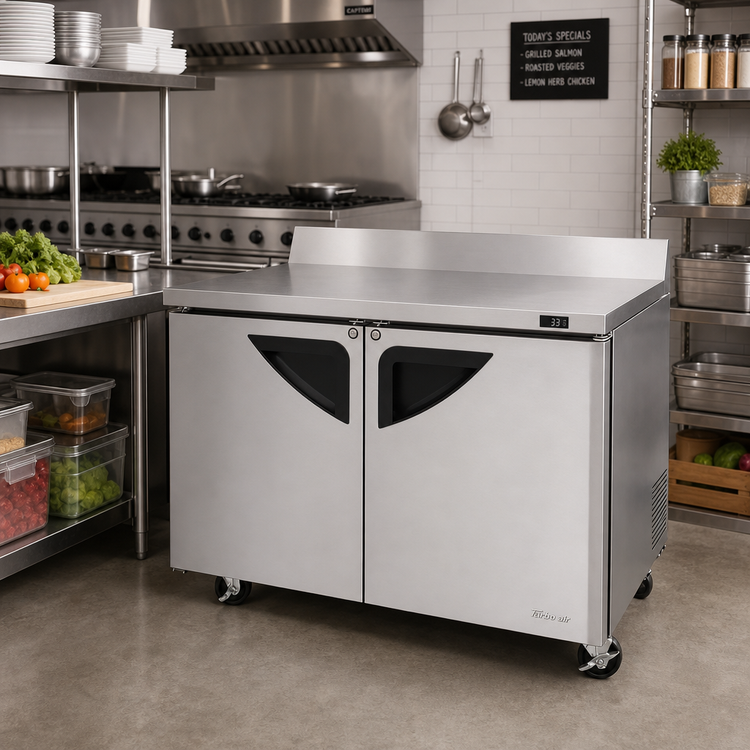 Product image #2 for Turbo Air Super Deluxe 48-Inch Two-Section Worktop Refrigerator with Self-Cleaning Condenser, 12 Cu. Ft., Stainless Steel, Rear-Mounted R290, 115V