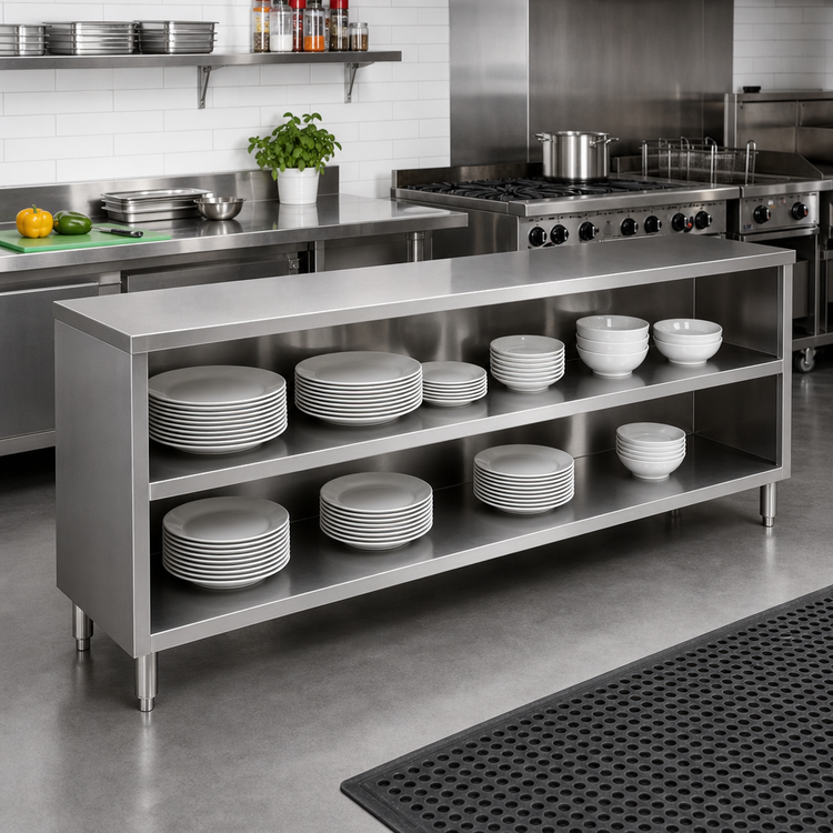 Product image #2 for John Boos Open Front Stainless Steel Dish Cabinet with Mid-Shelf, 84 x 18 x 35 Inches