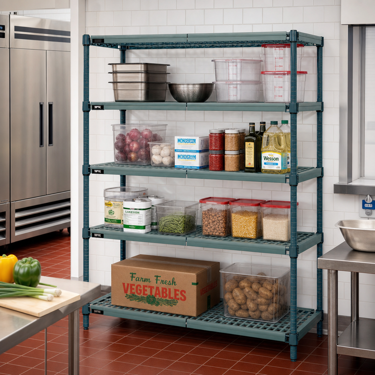 Product image #2 for Quantum 4-Tier Stationary Wire Plastic Mat Shelving Unit, 60"W x 21"D x 63"H, Green Epoxy