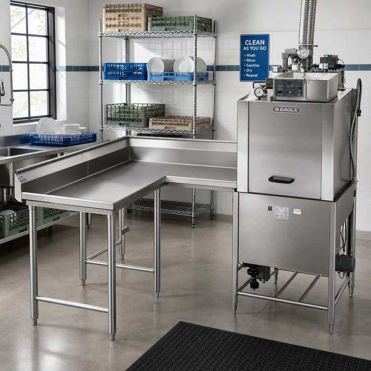 Product image #2 for Eagle Group Corner Clean Dishtable, 60-Inch x 60-Inch, 16/304 Stainless Steel, Right-to-Left Operation