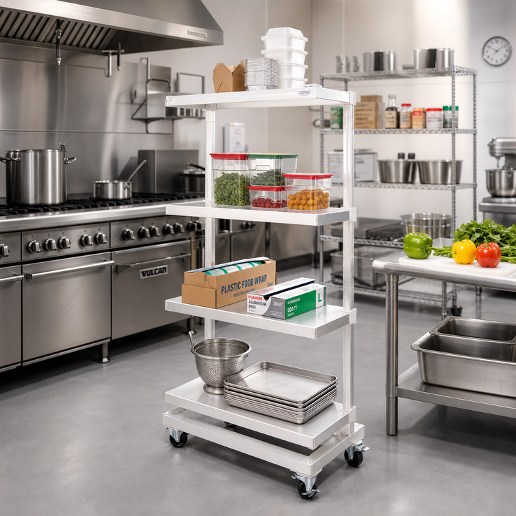 Product image #3 for New Age Mobile Aluminum To-Go Shelving Unit with Solid Adjustable Shelves, 30 x 16 x 60 Inches