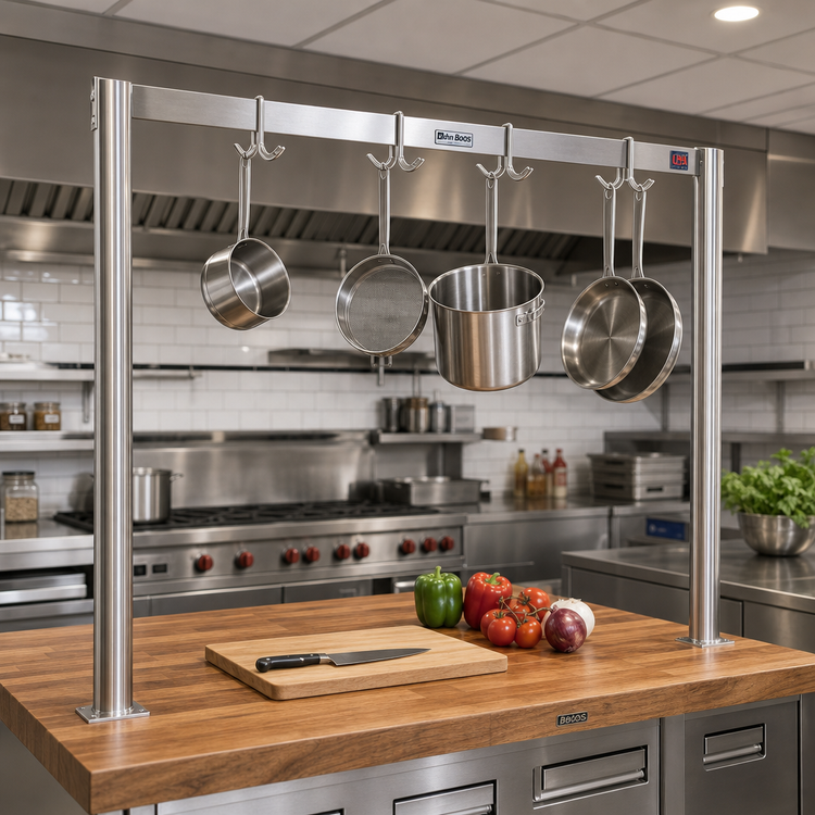 Product image #2 for John Boos PRS3A Table-Mounted Single-Bar Stainless Steel Pot Rack with 7 Double Hooks