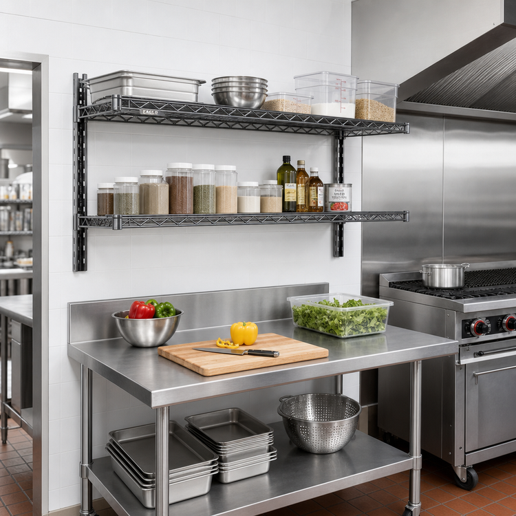 Product image #2 for Eagle Group 48 Inch x 12 Inch Stainless Steel Cantilever Wire Shelf with 1 Inch Wraparound Ledge