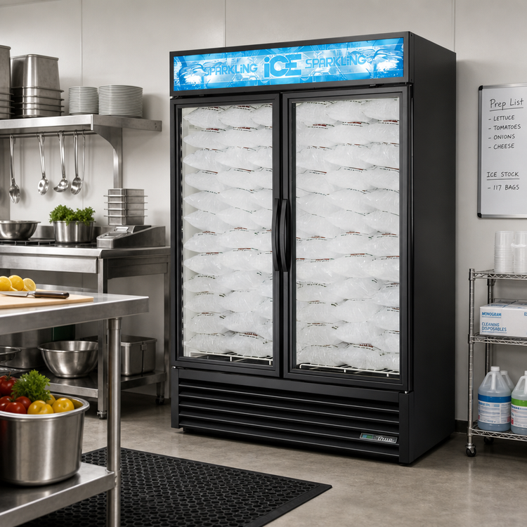 Product image #2 for True General Foodservice Two-Section Indoor Ice Merchandiser with Glass Doors, 117 Bag Capacity