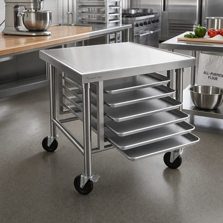 Product image #2 for Advance Tabco 36 x 30-Inch Mobile Stainless Steel Mixer Table with 6-Pan Rack