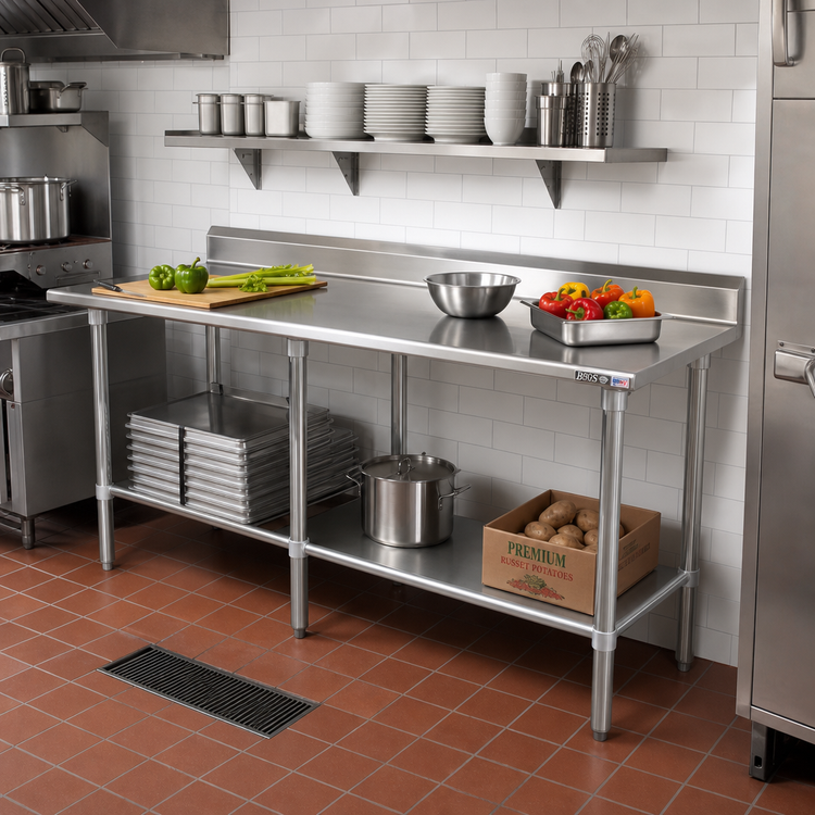 Product image #2 for John Boos Stallion 120-Inch x 24-Inch Stainless Steel Work Table with 5-Inch Backsplash and Safety Edge