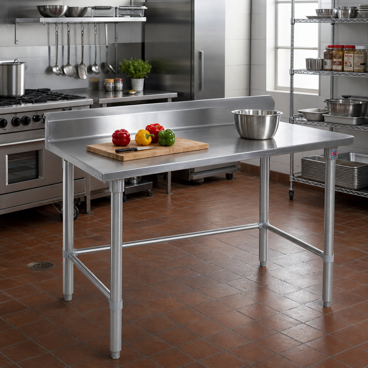 Product image #2 for John Boos Stallion 120-Inch x 24-Inch Stainless Steel Work Table with 5-Inch Backsplash and Safety Edge