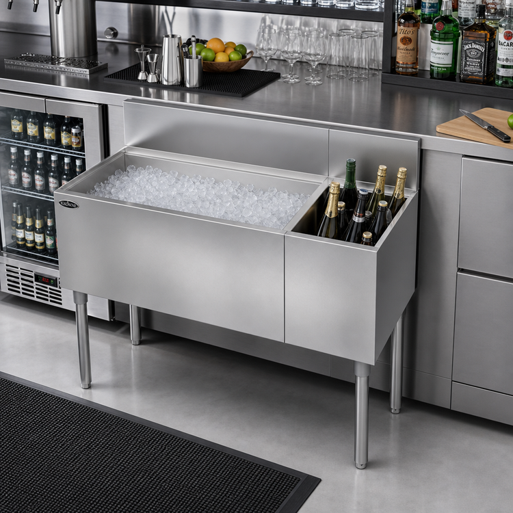 Product image #2 for Krowne Royal Series 42 Inch Underbar Combination Ice Bin with Left Ice Bin and 12 Inch Insulated Bottle Storage, 92 lb. Capacity