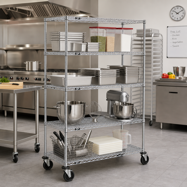 Product image #2 for Metro Super Erecta 4-Shelf Wire Stem Caster Cart, 60 x 21 x 69 Inches, Chrome, 600 lb. Capacity