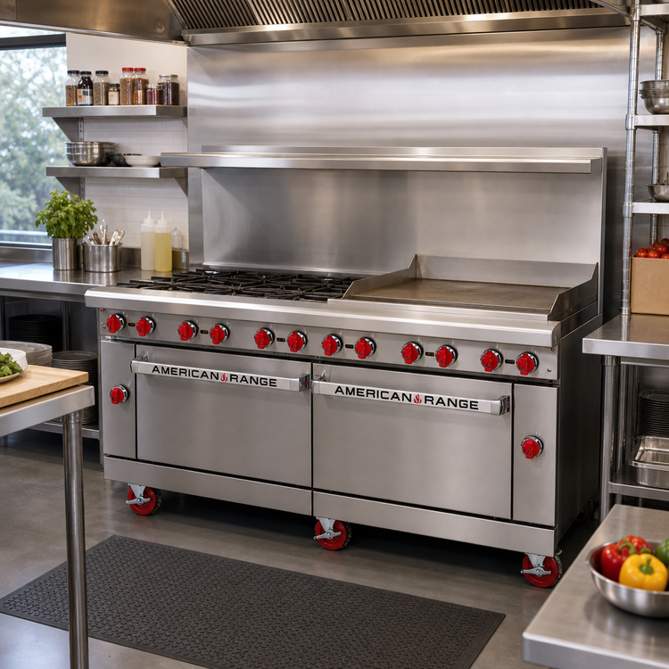 Product image #2 for American Range 72-Inch Gas Restaurant Range with 36-Inch Griddle, 6 Open Burners, Convection Oven, and Standard Oven