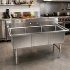 Thumbnail image #2 for Klinger's Trading ECS3 53-Inch 3-Compartment 18-Gauge Stainless Steel Sink, No Drainboards, 9-Inch Backsplash
