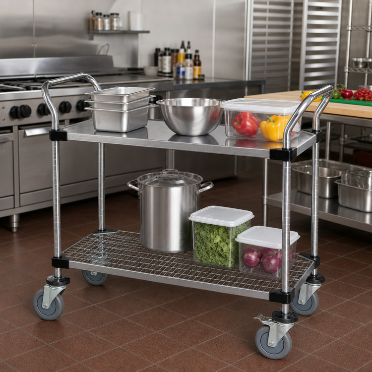 Product image #2 for Quantum 48-Inch x 18-Inch 304 Stainless Steel Utility Bus Cart with 1 Wire Shelf and 1 Solid Shelf