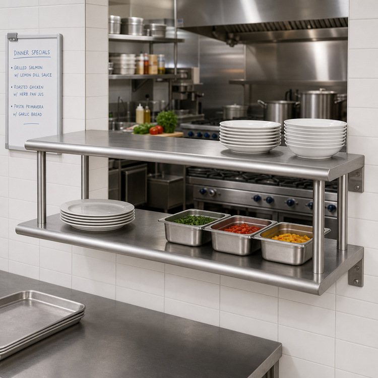 Product image #2 for BK Resources Double Tier Wall-Mounted Pass Through Shelf, 72 W x 24 D, Stainless Steel