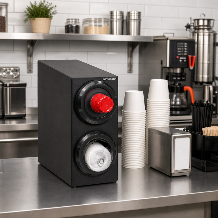 Product image #2 for Dispense-Rite Countertop Cup and Lid Dispensing Cabinet with 2 Dispensers, Black Polystyrene, for 8-44 oz Cups and Lids