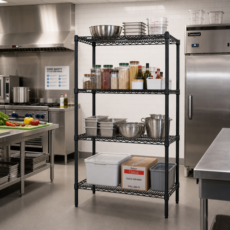 Product image #2 for Quantum Stationary Wire Shelving Starter Kit, 36" W x 14" D x 86" H, Black Epoxy Antimicrobial Finish