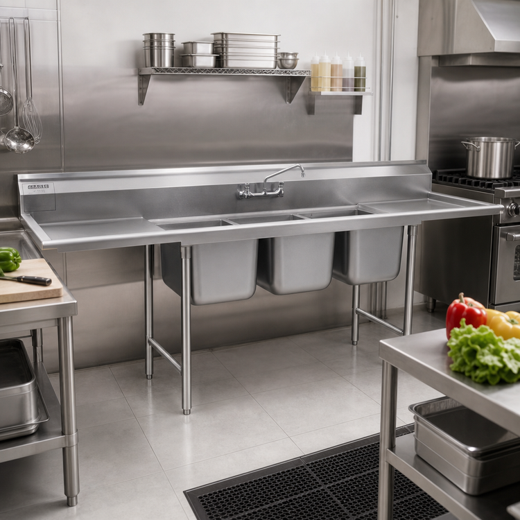 Product image #2 for Eagle Group 314 Series 3-Compartment 304 Stainless Steel Sink with Left and Right Drainboards, 96 Inch