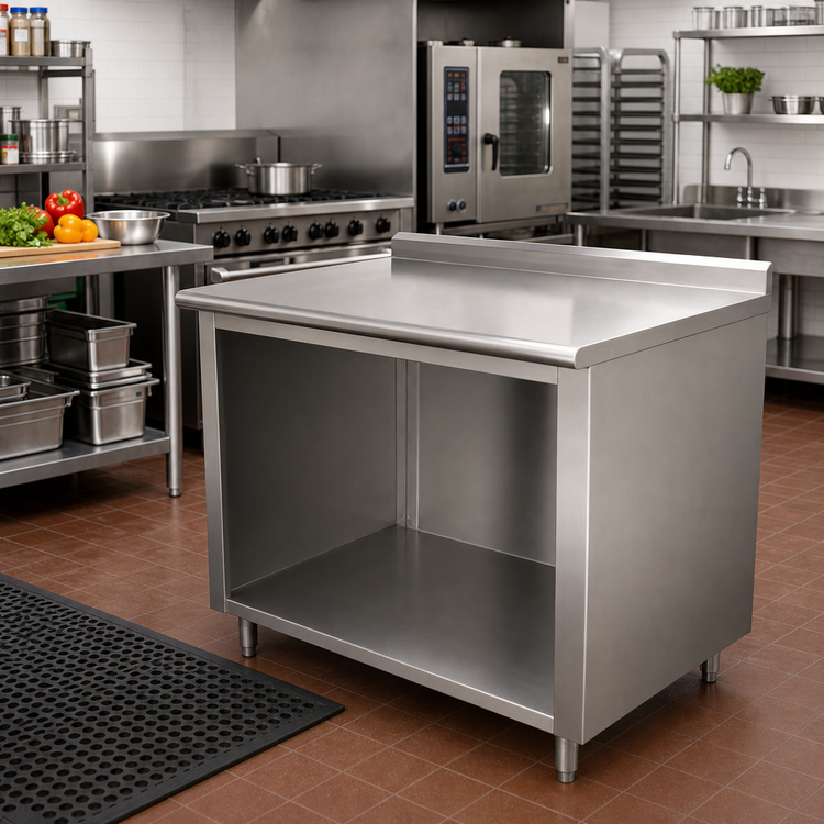 Product image #2 for Advance Tabco 60" x 24" Open Front Cabinet Base Work Table with 14 Gauge 304 Stainless Steel Top and 1-1/2" Rear Up-Turn