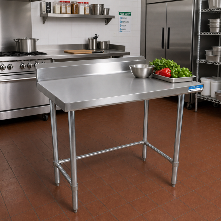 Product image #2 for BK Resources 48" x 30" 18-Gauge 430 Stainless Steel Open Base Work Table with 5" Backsplash