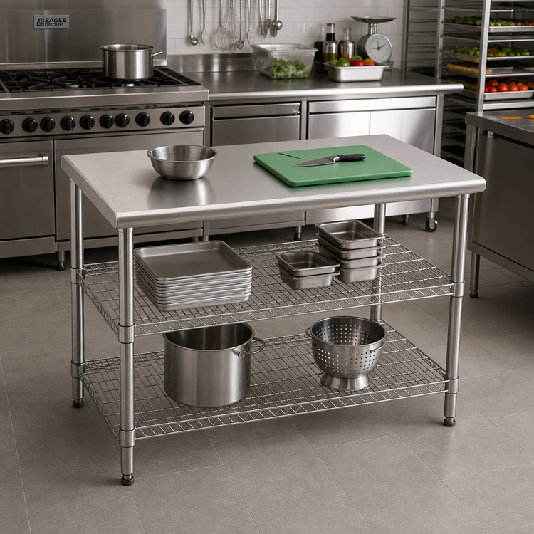 Product image #2 for Eagle Group AdjusTable 36 Inch W x 24 Inch D 14-Gauge Type 304 Stainless Steel Work Table with 2 Adjustable Wire Undershelves