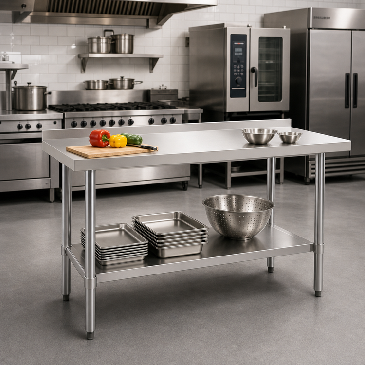 Product image #2 for 60-Inch x 18-Inch 16-Gauge 304 Stainless Steel Open Base Worktable with 2-Inch Backsplash and Undershelf