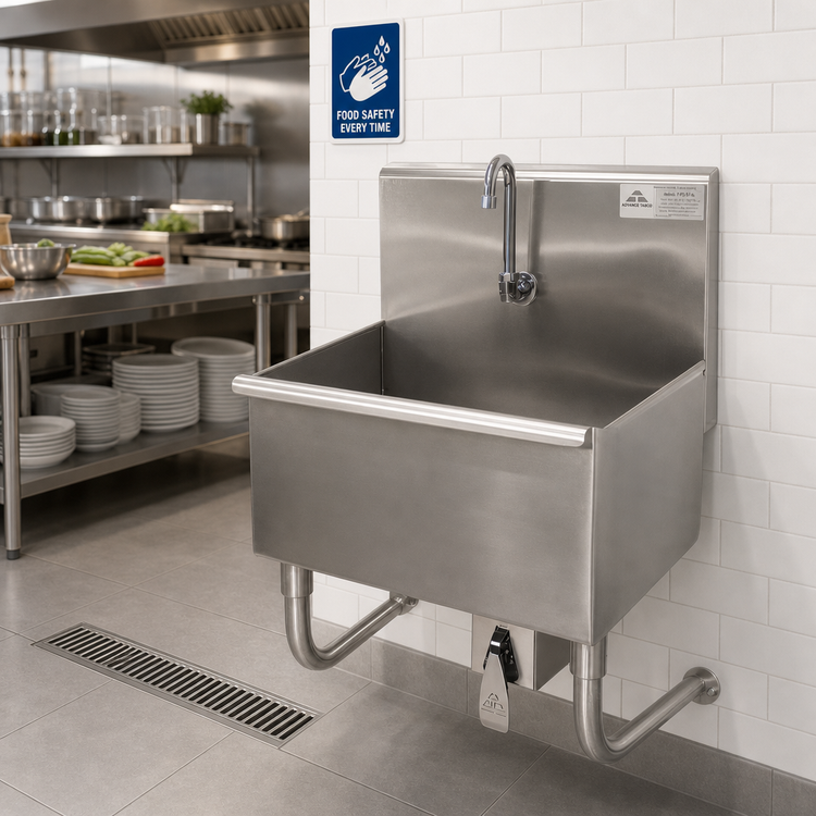 Product image #2 for Advance Tabco 31-Inch Wall-Mounted Stainless Steel Service Sink with Knee Valve and Gooseneck Spout
