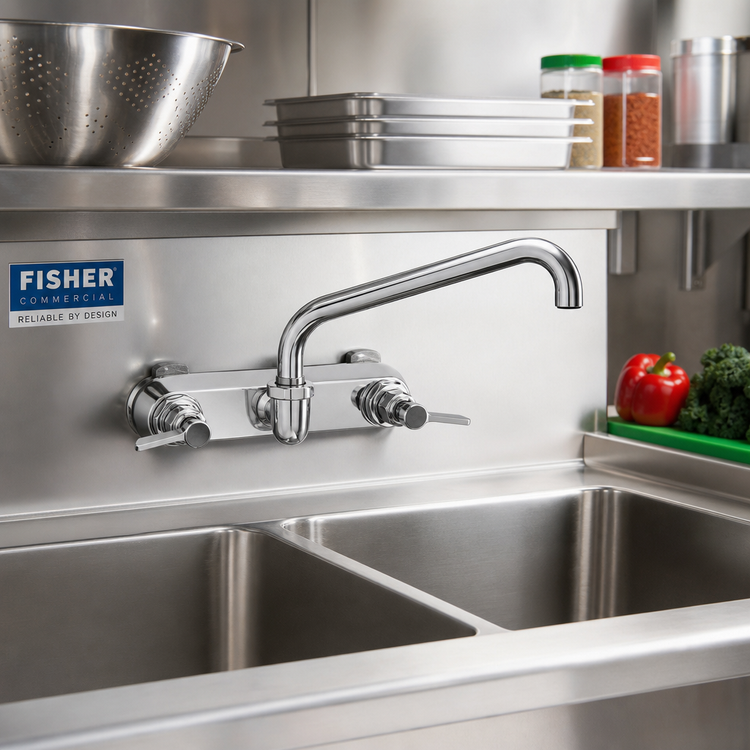 Product image #2 for Fisher Commercial Backsplash-Mount Faucet with 14-Inch Swing Spout, 8-Inch Centers, Brass