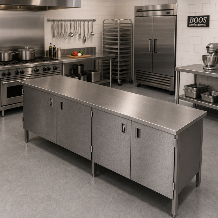 Product image #2 for John Boos 96-Inch x 30-Inch 16-Gauge Stainless Steel Flat Top Enclosed Base Work Table with Hinged Doors
