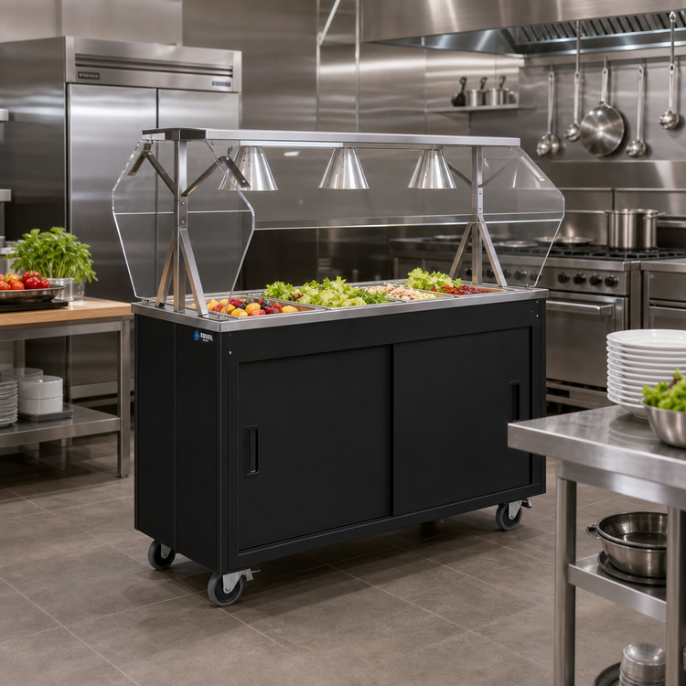 Product image #2 for Vollrath 2-Series Affordable Portable 4-Pan Non-Refrigerated Cold Food Station with Buffet Breath Guard, Lights, and Sliding Door Storage Base, 60 Inch, Black