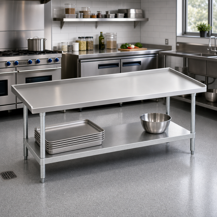 Product image #2 for Advance Tabco Galvanized Base Equipment Stand with 304 Stainless Steel Top and Adjustable Undershelf, 84-Inch W x 24-Inch D