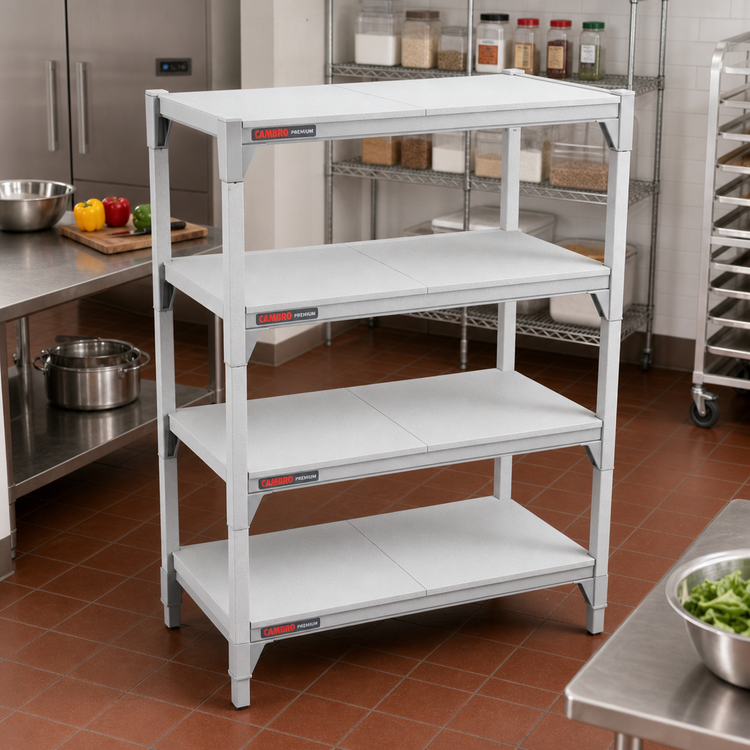 Product image #3 for Cambro Camshelving Premium 24" x 60" Solid Shelf Kit, 4-Shelf, Speckled Gray