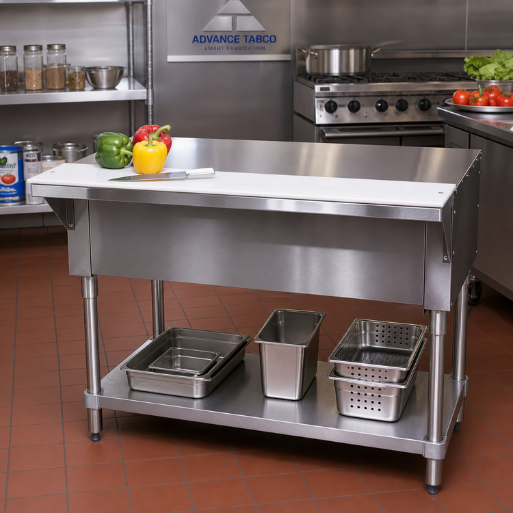 Product image #2 for Advance Tabco Triumph Solid Top Utility Station with Poly Cutting Board and Open Shelf Base