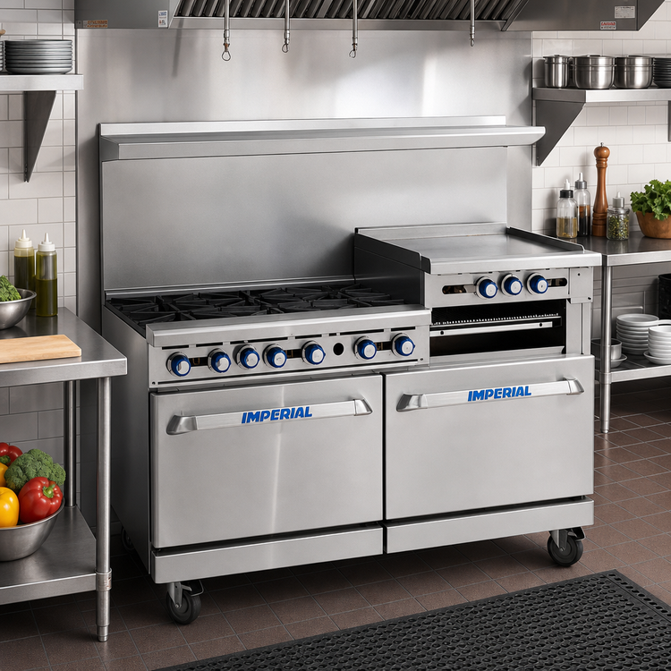 Product image #2 for Imperial Pro Series 60-Inch Gas Restaurant Range with 4 Open Burners, 36-Inch Griddle, Convection Oven and Standard Oven