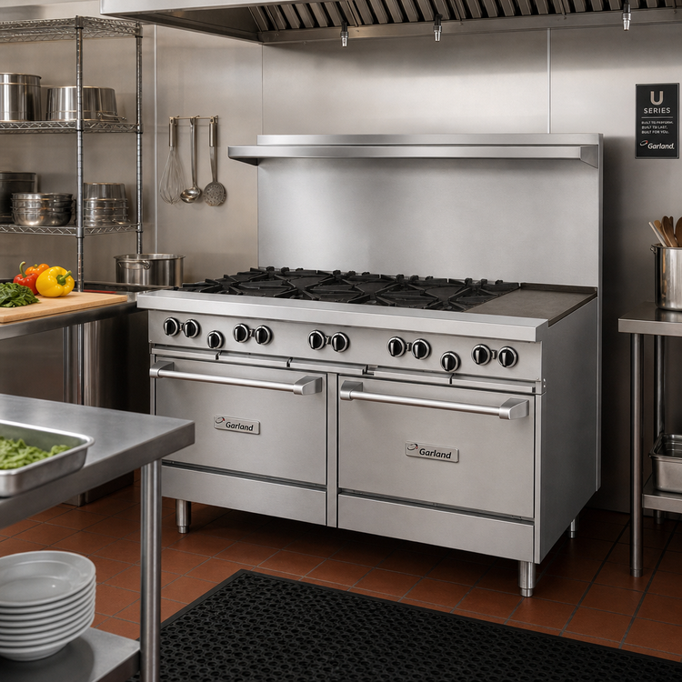Product image #2 for Garland US Range U Series 60-Inch Gas Restaurant Range with 8 Open Burners, 12-Inch Griddle, Standard Oven, and Storage Base