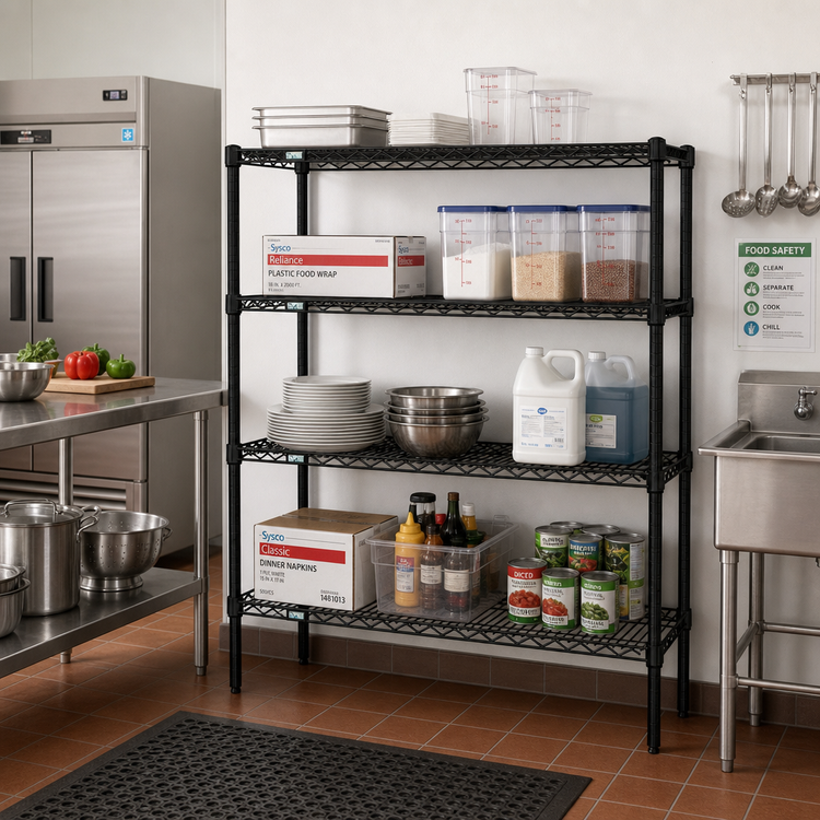 Product image #2 for Quantum Stationary Wire Shelving Starter Kit, 60"W x 12"D x 54"H, 4 Shelves, Black Epoxy Antimicrobial Finish