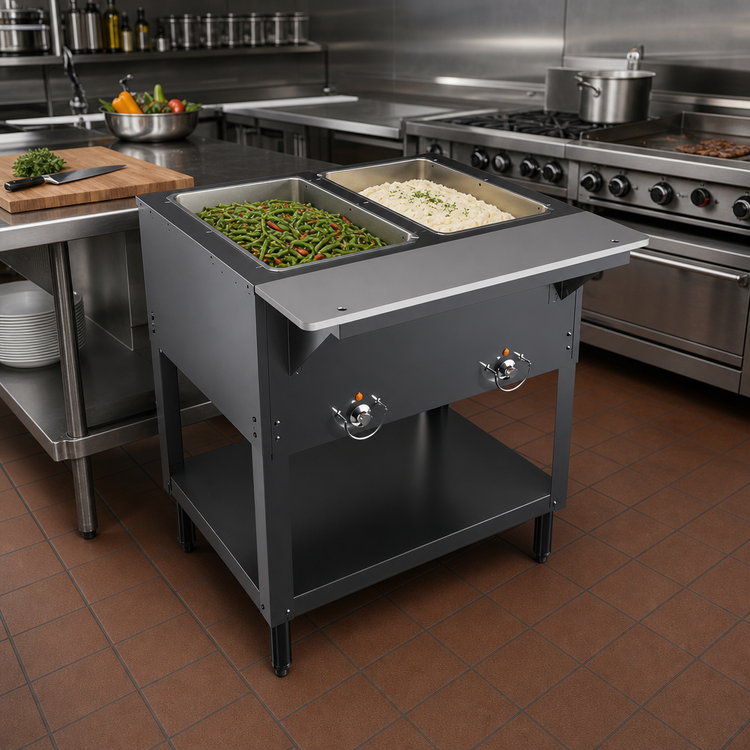 Product image #3 for BK Resources ST-SW-2 2-Pan Electric Steam Table with Sealed Wells, Open Shelf Base, and Cutting Board Shelf