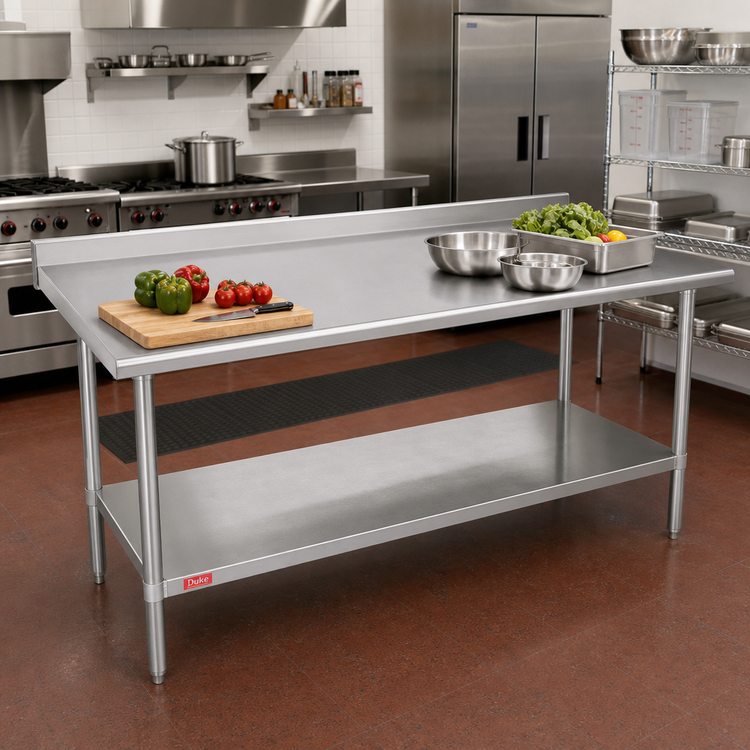 Product image #2 for Duke 84-Inch x 36-Inch 16-Gauge 400 Series Stainless Steel Work Table with 1-1/8-Inch Straight Riser and Galvanized Undershelf