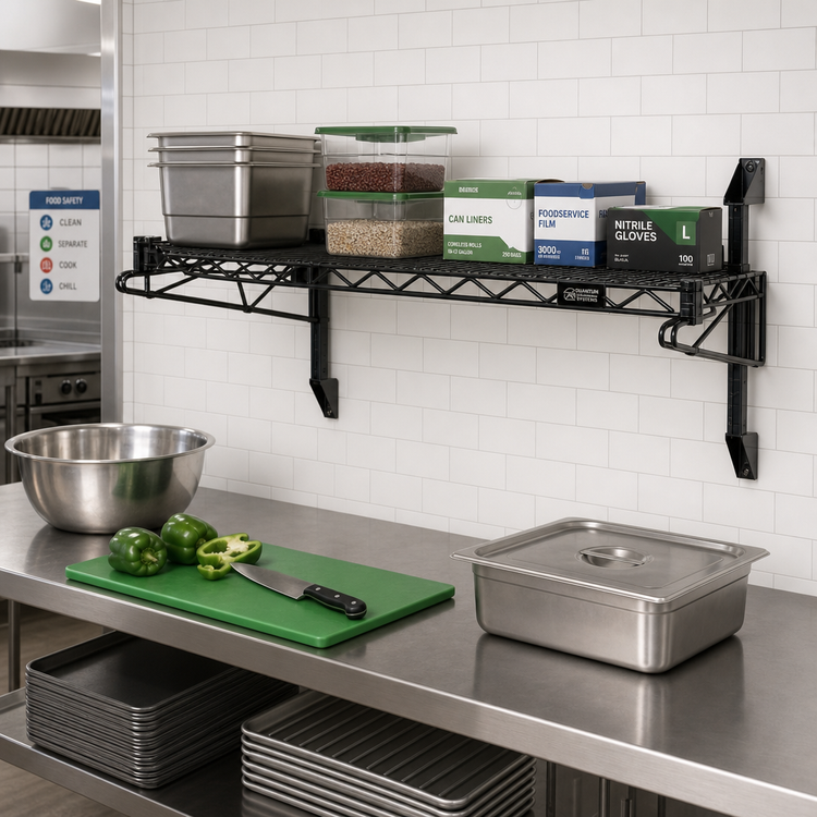 Product image #2 for Quantum Cantilever Wall-Mount Wire Shelf Kit, 36 x 21 Inches, Black Epoxy Antimicrobial Finish