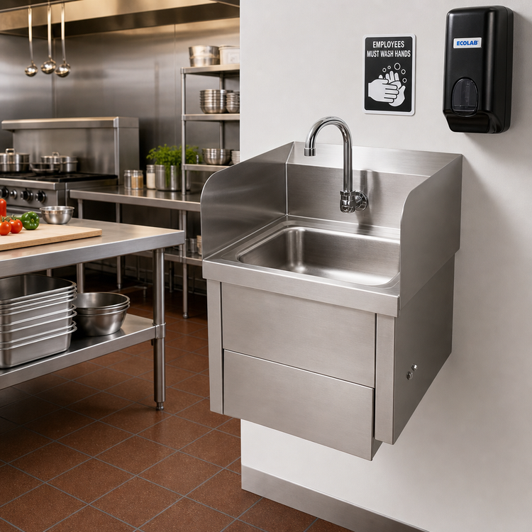 Product image #2 for John Boos Wall-Mounted Stainless Steel Hand Sink with Knee-Activated Gooseneck Faucet, 14 x 10 x 5-Inch Bowl