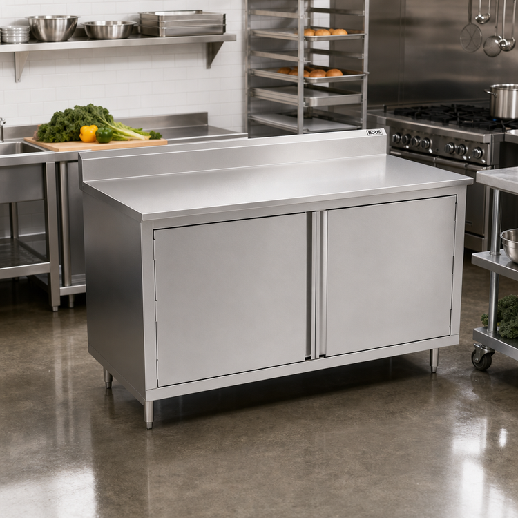 Product image #2 for John Boos 84-Inch x 36-Inch Enclosed Cabinet Base Stainless Steel Work Table with Hinged Doors and 5-Inch Backsplash