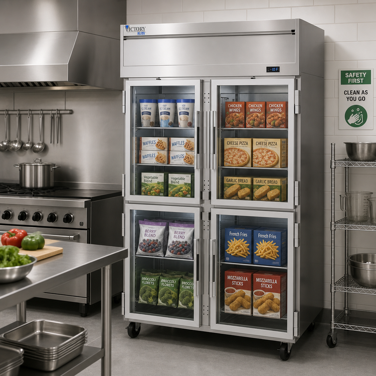 Product image #2 for Victory Elite Two-Section Top-Mount Reach-In Display Freezer with Four Half-Height Glass Doors, 46.29 Cu. Ft.
