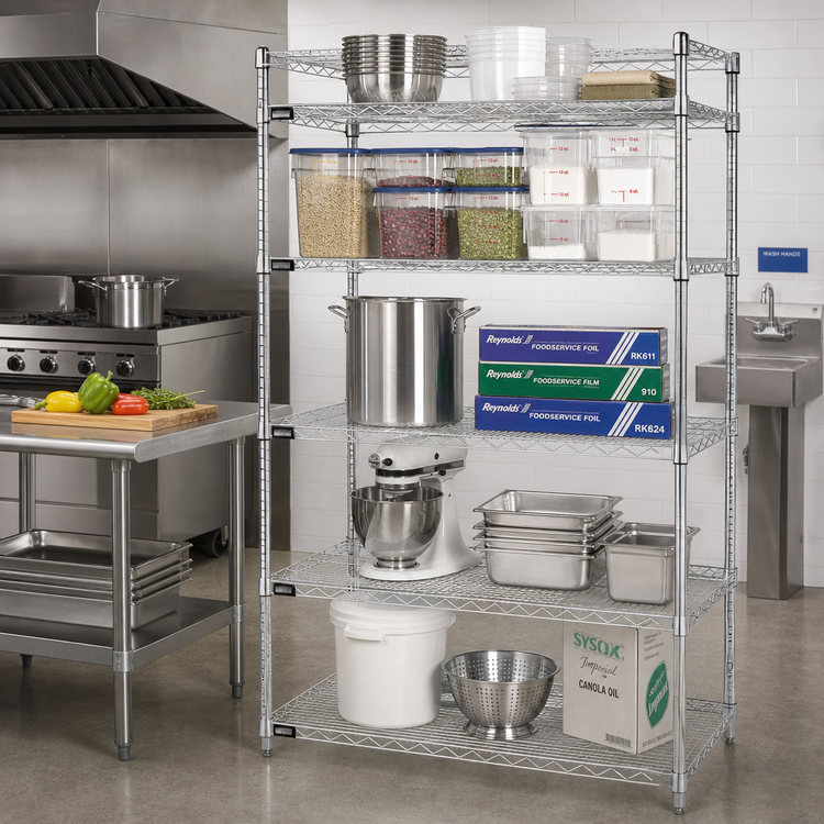 Product image #2 for Quantum Chrome-Plated Wire Shelving Starter Kit, 42"W x 12"D x 74"H, 5 Shelves, 4 Posts, 600-800 lb Capacity