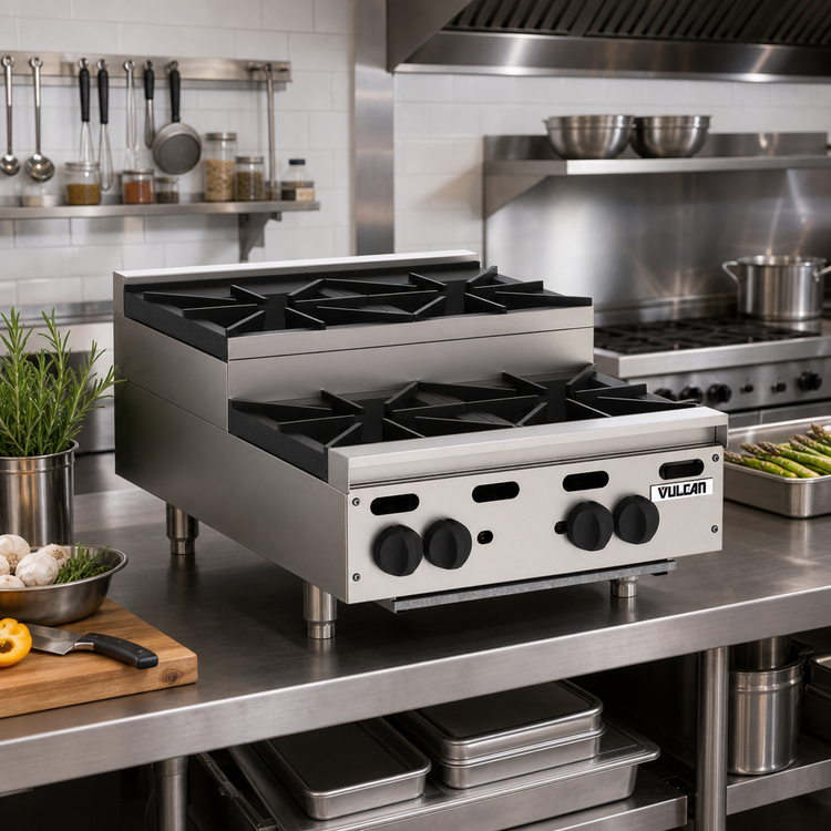 Product image #2 for Vulcan Achiever VHP212U 12-Inch Heavy Duty Countertop Gas Hot Plate with 2 Burners and Step-Up Rear Burner