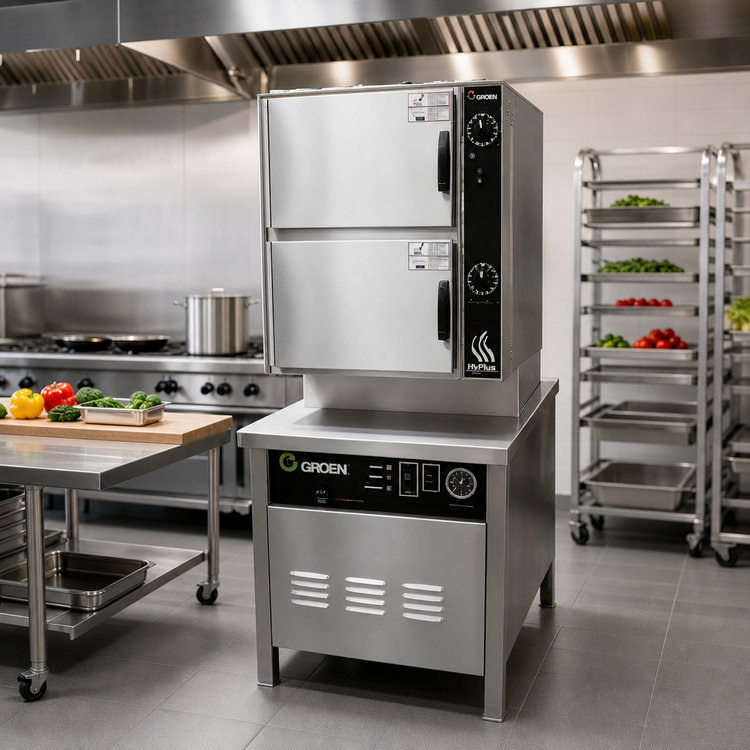 Product image #2 for Groen HyPlus 2-Compartment Gas Pressureless Steamer with 24-Inch Cabinet Base, 5-Pan Capacity per Compartment