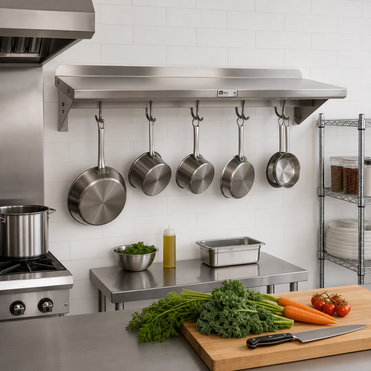Product image #2 for John Boos Stallion Wall-Mounted Pot Rack Shelf, 36 x 16 x 13 Inch, 14-Gauge Stainless Steel