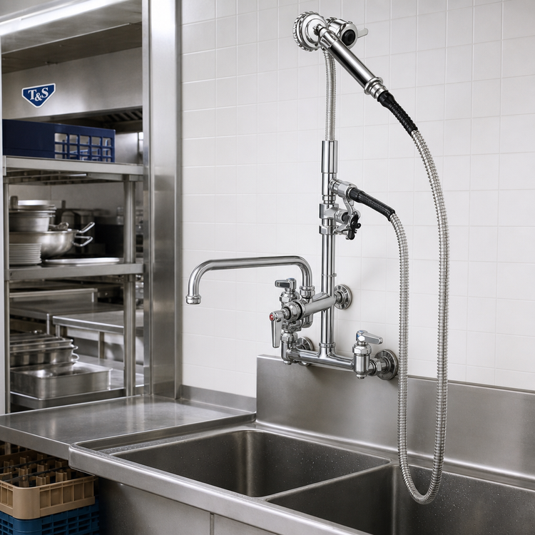 Product image #2 for T&S Brass Wall-Mount Mixing Pre-Rinse Faucet Spray Assembly with 12-Inch Swing Spout and 80-Inch Hose