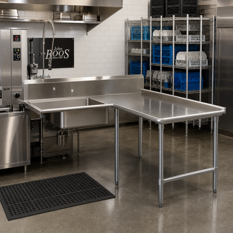 Product image #2 for John Boos Pro-Bowl Island L-Shaped Soiled Dishtable with Pre-Rinse Sink, 60" Machine-to-Corner x 144" Corner-to-End