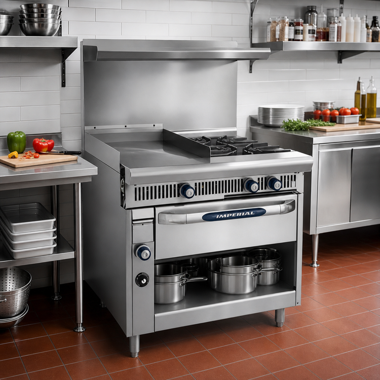 Product image #2 for Imperial Spec Series 36-Inch Heavy-Duty Gas Range with 2 Open Burners, 18-Inch Thermostatic Griddle, and Open Cabinet Base
