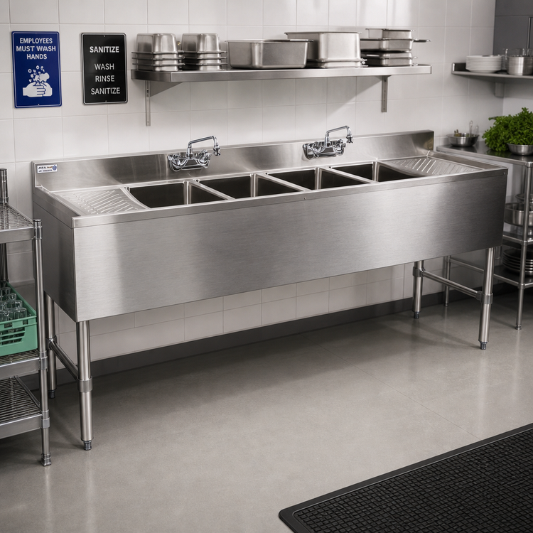 Product image #2 for Steel Works Stainless Four-Compartment Underbar Hand Sink with Left and Right Drainboards, 72 Inch