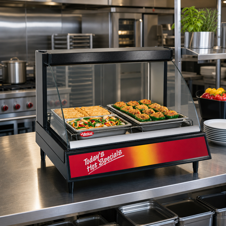 Product image #2 for Hatco Glo-Ray Designer Full-Service Countertop Heated Display Case, 2-Pan, Curved Glass