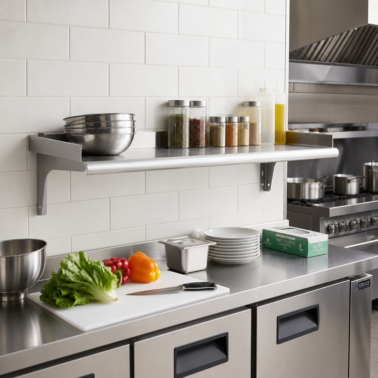 Product image #2 for Eagle Snap-n-Slide 60"W x 15"D Wall-Mounted Shelf, 16/304 Stainless Steel, Rolled Front Edge
